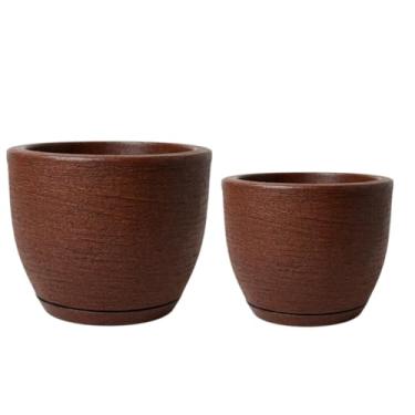 Imagem de Jogo de 2 vasos para plantas e flores redondos em polietileno jateado de 20 e 30 litros com prato coletor (Marrom)