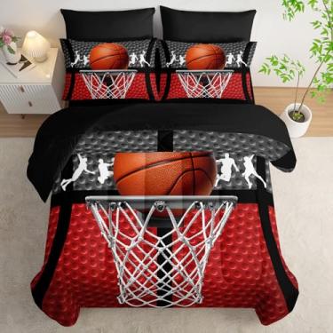 Imagem de AILONEN Jogo de edredom esportivo infantil de basquete 3D para meninos, 7 peças, tamanho casal, edredom e lençol com elástico com lençol de cima, 2 fronhas, 2 fronhas, macio