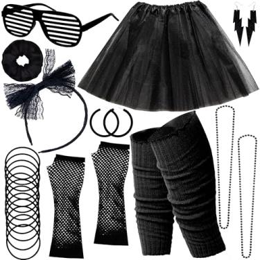 Imagem de YAROMO Acessórios De Fantasia Dos Anos 80 Para Mulheres, Traje Festa Halloween 90, Saia Tutu, Faixa Cabeça, Brinco, Colar, Luvas Vidro (Preto)