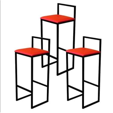 Imagem de Jogo 3 Banqueta Alta Cozinha Bar Balcão Bistrô Industrial Preta Estofado Vermelho