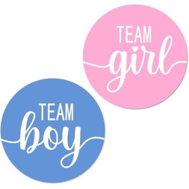 Imagem de 124 adesivos fofos de revelação de gênero de garotas de time menino, etiquetas redondas brilhantes de 2,5 cm, decalques rosa e azul, ótimos para lembrancinhas de festa de chá de bebê, etiquetas, jogos