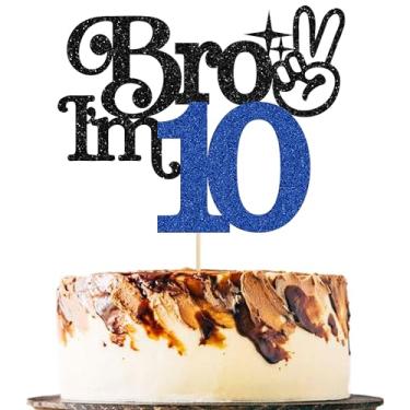 Imagem de Gyufise 1 peça Brother I'm 10 Cake Topper Glitter Happy 10th Birthday Cake Pick Bro I'm 10 Cake Decoration It's My 10th Birthday Decoration for Boy Cheers to 10 Years Old Party Supplies Azul Preto
