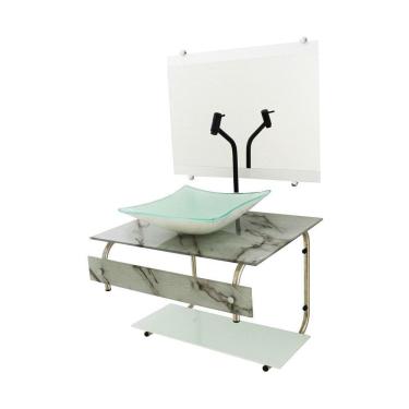 Imagem de Gabinete De Vidro 60Cm Inox Cuba Quadrada - Mármore Branco