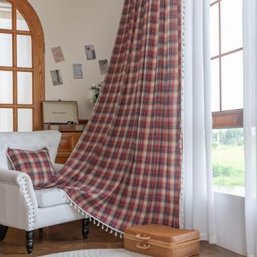 Imagem de Erbnaryx Cortina xadrez 140 cm L x 182 cm C, 2 painéis de filtro de luz com bolso para varão, privacidade, borlas, vintage, decoração country. Cortina tartã texturizada drapeada para sala de estar e
