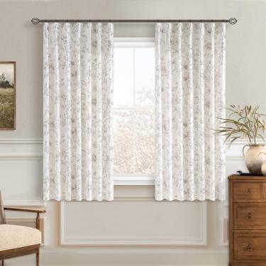 Imagem de Cortinas de linho com pregas florais marrom claro 113 cm de comprimento para cozinha, vintage, estampada, peônia, filtragem de luz, boho, quinta, curta, semitransparente, 113 cm, cortina de café para