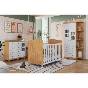 Imagem de Quarto Infantil Completo Uli 3 Peças (1GuardaRoupa+1Berço+1Cômoda) QI108 Branco/Amendoa - Peroba
