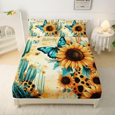 Imagem de QOOMO Jogo de lençol Queen infantil com estampa de borboleta azul-petróleo, 4 peças, cacto, bolso profundo com 1 lençol com elástico, 1 lençol de cima e 2 fronhas para meninos e meninas adolescentes