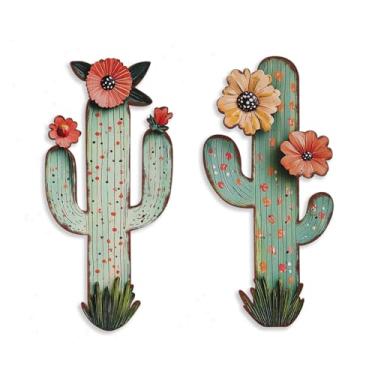 Imagem de flangairy Decoração de parede de cacto de metal de 2 peças, 33 × 16,3 cm, arte ocidental do deserto cortado a laser, esculturas de parede de plantas astecas rústicas para banheiro, quarto, sala de