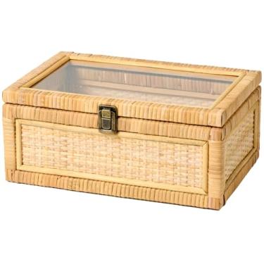 Imagem de VinneGenzz Caixa de vime com tampa transparente moldura de madeira decorativa feita à mão cestas de vime de vime de vime boho caixotes de bengala memórias caixas de joias prateleira de mesa