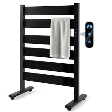 Imagem de Suporte para aquecedor de toalhas com 6 barras alargadas, secador de toalhas aquecido montado na parede com temporizador, visor de LED, 3 níveis de temperatura, plugue de proteção contra