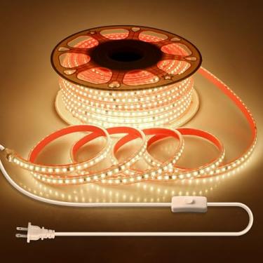 Imagem de Samsion Fita de LED para uso externo, impermeável, 3,5 m, autoadesiva, branco quente, CA 110 V-120 V, corda de luz LED com plugue de interruptor SMD 2835 120LED/M ultra brilhante para decoração de