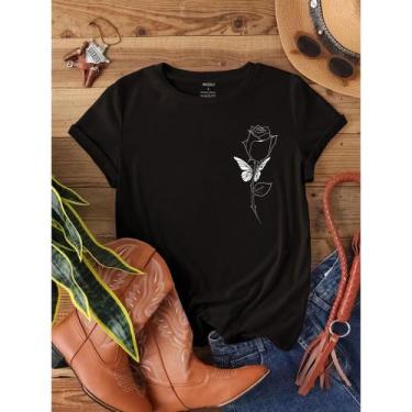 Imagem de Camiseta Feminina T-shirt Floral Borboleta Botão Rosa 100% Algodão Pre