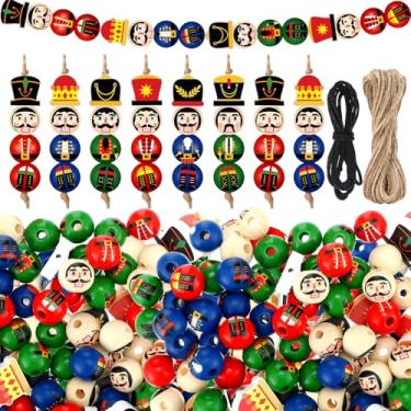 Imagem de Cinnvoice 240 contas de madeira de Natal com barbante homem de gengibre boneco de neve quebra-nozes guirlanda de Natal artesanato DIY contas redondas para Natal, festa de inverno, casa de fazenda