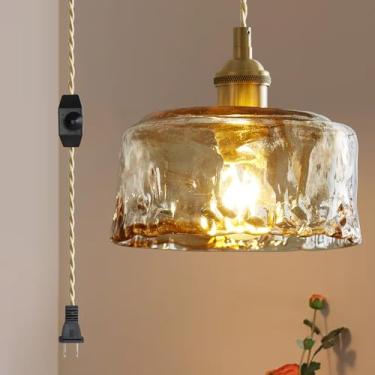Imagem de JC TOPA Luzes pendentes de vidro, plugue de ilha de cozinha, luminária pendente com interruptor regulável, abajur de vidro âmbar para cabeceira, sala de jantar, hall de entrada, latão