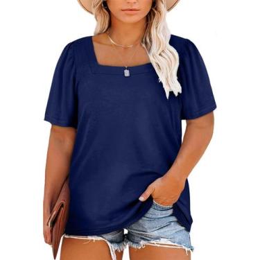 Imagem de Blusa feminina Eytino plus size com gola quadrada e manga bufante azul