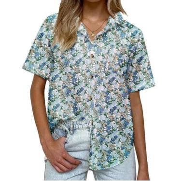 Imagem de Camisa feminina floral de linho HOTOUCH com botão, manga curta, solta