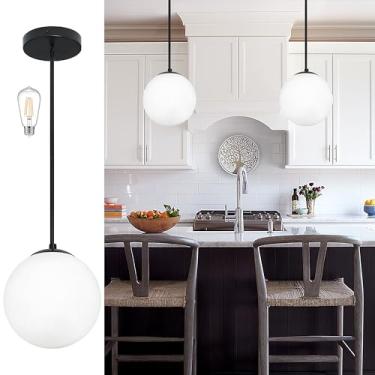Imagem de Bagood Luminária pendente globo de 25,4 cm contemporâneo, luzes pendentes pretas de meados do século, luminária ajustável para pendurar em preto fosco com abajur de vidro de leite para ilha de cozinha
