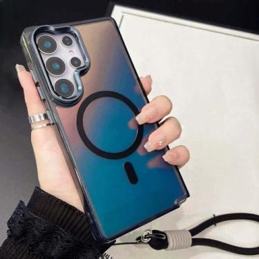 Imagem de Capa com alça de pulso gradiente para Samsung 25 24 Ultra S23 Plus 24 FE A55 A35 A25 A16 Capa com carregamento sem fio, preta, para Samsung S24