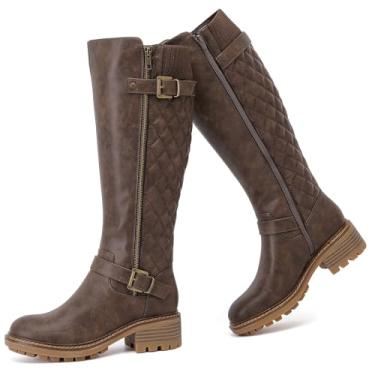 Imagem de Ruiee Botas femininas plataforma até o joelho com costura na panturrilha bota rasteira salto baixo longa alta inverno outono moda botas elegantes para mulheres., Marrom PU 267, 38