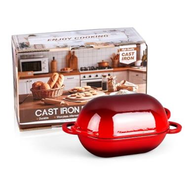 Imagem de Forma de pão esmaltada 2 em 1 com tampa, forno holandês de ferro fundido HaSteeL pequeno de 2,8 litros para pão caseiro, bolo de carne, vermelho