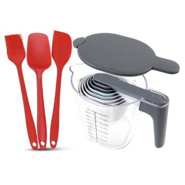 Imagem de Recogwood Conjunto de 13 copos medidores e colheres com conjunto de espátula de silicone vermelho de 3 peças, livre de BPA, pode ser lavado na lava-louças
