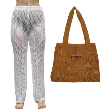 Imagem de Kit Calça Prantola Feminina e Bolsa Saida de Praia Tricot Moda Verão -
