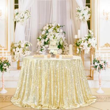 Imagem de B-COOL Toalha de mesa redonda com lantejoulas decorações: toalhas de mesa douradas claras 228 cm sobreposição de lantejoulas tecido verde brilhante para festas de aniversário, jantares, graguation