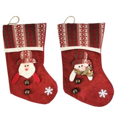 Imagem de Jogo 2 Botas Decorativa Meia Natal Papai Noel e Boneco de Neve Tecido Linho Vinho e Xadrez Guizo 35cm