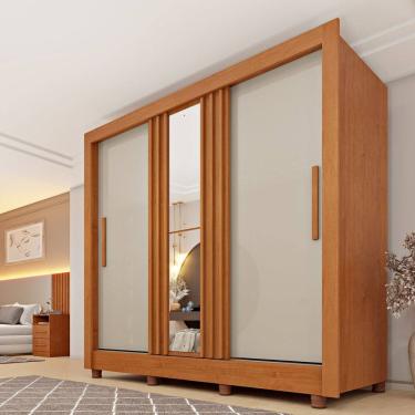 Imagem de Guarda Roupa Casal 3 Portas Taiffa Ripado 190cm com Espelho e Pés Espresso Móveis Cinamomo / Off White