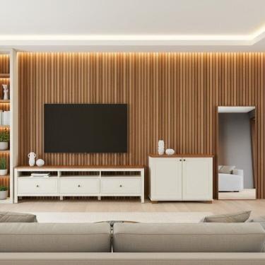 Imagem de Conjunto com 3 Peças Rack, Balcão 2 Portas e Espelho Madeira Maciça Ananda Cabecasa Madeiramadeira Off White/Mel