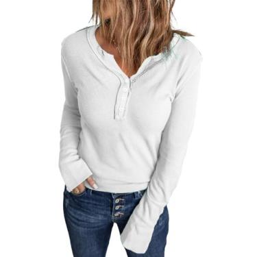 Imagem de Camisa feminina Acelitt de manga comprida Henley Waffle Knit branca