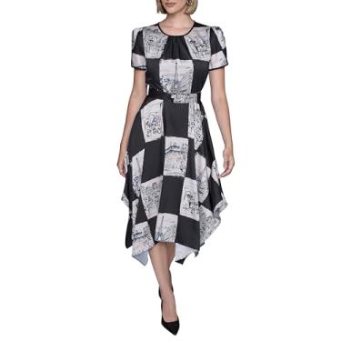 Imagem de Karl Lagerfeld Paris Vestido midi de sarja estampado na cintura e bainha de lenço de manga curta, Preto/Bétula Multi, 50