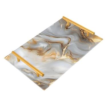 Imagem de Bandeja organizadora de bancada de banheiro em mármore em ouro branco, organizador de vaidade de banheiro para perfume, maquiagem, balcão de cozinha, decoração de mesa de centro