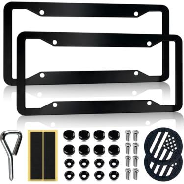 Imagem de Pacote com 2 molduras de placa de carro OLLEN preto fosco, protetor de suporte de etiqueta de carro resistente de liga de alumínio, com ferragens de suporte, porta-copos de carro, tampas antifurto