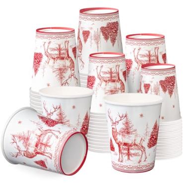 Imagem de WRAPAHOLIC 50 peças de copos de papel de Natal - copos descartáveis de 255 g com desenho vermelho de rena e árvore de Natal, suprimentos de festa de fim de ano para suco, café, bebida quente e fria