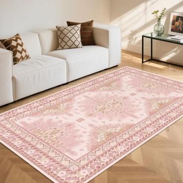Imagem de Vhong Tapetes de área vintage rosa laváveis modernos antiderrapantes 7,5 x 12,5 cm pequeno para sala de estar, sala de jantar, quarto, casa de fazenda, quarto de meninas