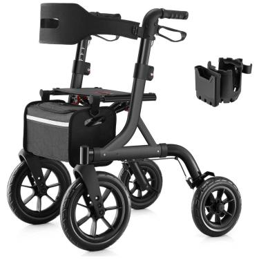 Imagem de Andador Dobrável para Idosos com Assento, Ajuste de Altura e Rodas Grandes, MAXWALK, Preto