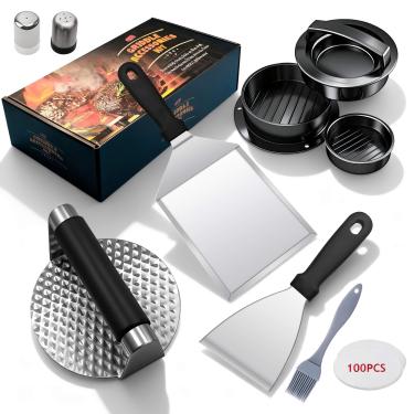 Imagem de Kit de prensa de hambúrguer de 8 peças - Prensa de hambúrguer, máquina de hambúrguer, espátula de hambúrguer, raspador de grelha, escova de molho, 100 peças de papel de hambúrguer, saleiro, conjunto