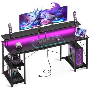 Imagem de Mesa Gamer de Fibra de Carbono, 63&quot; 160 cm com Luz LED, Tomadas, Prateleiras de Armazenamento e Suporte para Monitor, 110V, ODK