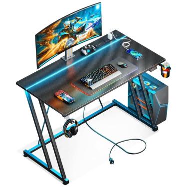 Imagem de Mesa Gamer 39&quot; 99 cm com Textura de Fibra de Carbono, Gancho para Fone de Ouvido, Tomadas, 1 Portas USB e Luz LED, 110V, MOTPK