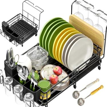 Imagem de Escorredor de louça expansível, extensível, com suporte para taça de vinho, inclui uma bandeja de drenagem, caixa de armazenamento que economiza espaço, preta (inclui 2 colheres pequenas)