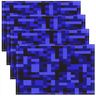Imagem de Jogo americano infantil Pixelated Blocks conjunto de 4, tapetes de mesa de jogadores de camuflagem do exército, decoração de cozinha de patchwork de grade geométrica, preto azul escuro, decoração de