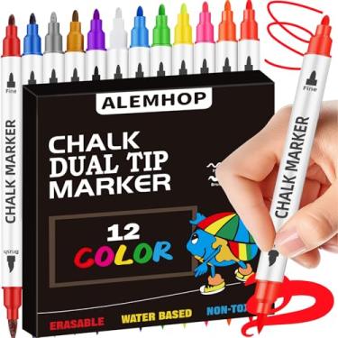Imagem de Marcadores de giz de ponta dupla – ponta de pincel larga e ponta fina, marcadores de janela vibrantes de 12 cores para carro, canetas de giz, vidro automotivo, primeiro dia de Schhool, placa de