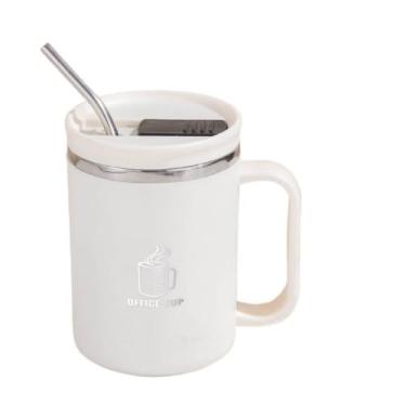 Imagem de Xícara de chá de leite de parede dupla portátil com canudo isolado xícara de café 304 aço inoxidável térmica (branca)