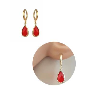 Imagem de Brinco Argolinha Gota de Cristal Vermelho Folheado Ouro 18k Antialérgi