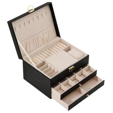 Imagem de Porta Joia Grande Dupla Camada Multifuncional Couro com Chave (preto(2gaveta))