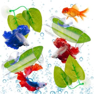 Imagem de 6 peças de decoração de aquário Betta, 2 peças de túnel de tubo de acrílico para peixes Betta e 4 peças de decorações de aquário com folhas de plástico (transparente, verde)