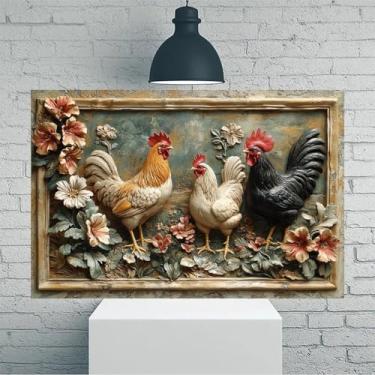 Imagem de Arte de parede em tela rústica vintage trio de galo em meio a flores - Pôster sem moldura de 30 x 45 cm - Decoração de casa e escritório para sala de estar, quarto, cozinha e café