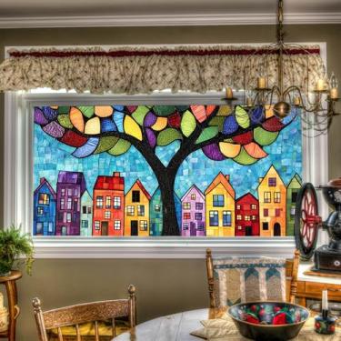 Imagem de HOMETITUTE Película colorida para janela de vitral, árvore e casas, adesivo de vidro decorativo para janela de privacidade, adesivos para casa, sala de estar, quarto, escritório, 100 x 44 cm