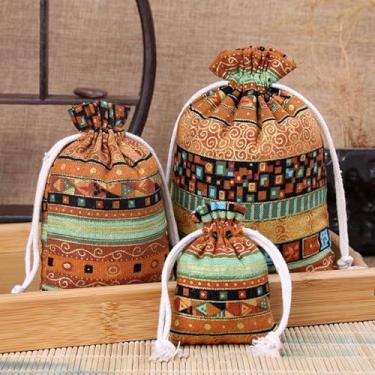 Imagem de Sacos de armazenamento étnicos de tecido, sacos de presente, 3 peças, saco de serapilheira de linho com cordão para lembrancinhas de festa de casamento, celebrações de casamento, embalagem